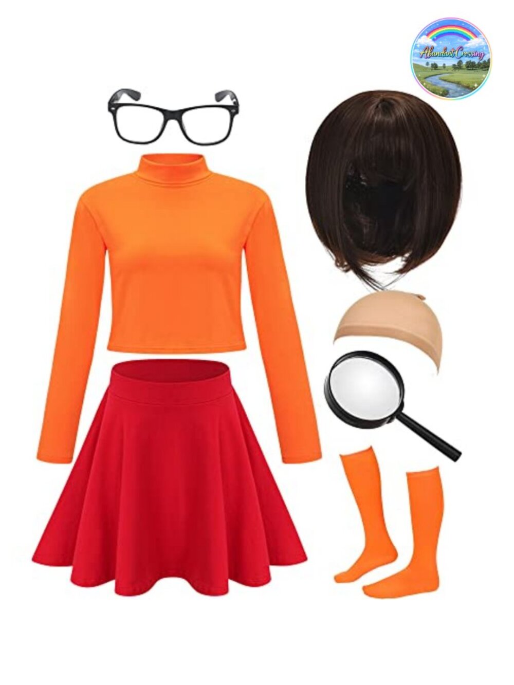 7Pc Halloween Costume Set Long Sleeve Crop Top Skater Skirt Cosplay